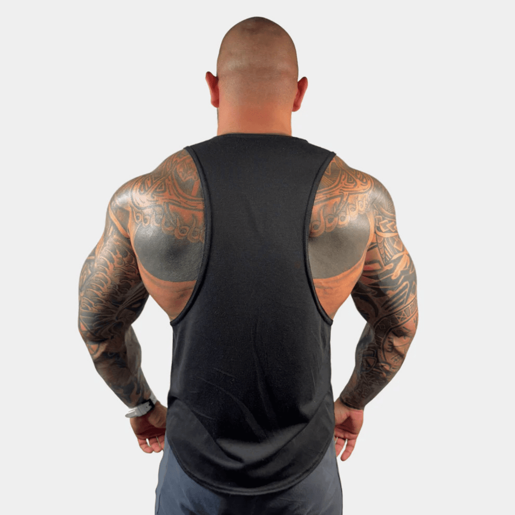 Men's drop arm tank top in black, back view with wide armholes