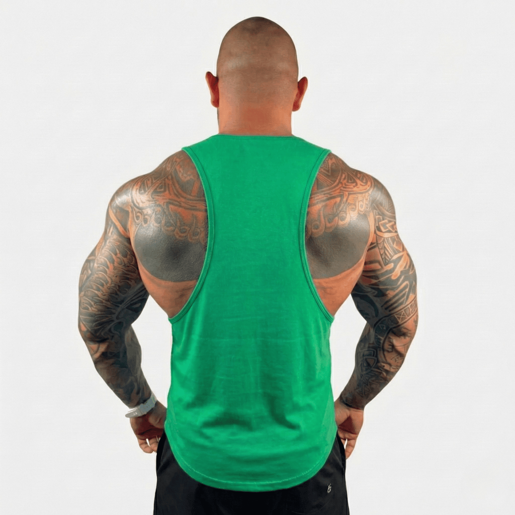 Green drop arm tank top back view with racerback scoop