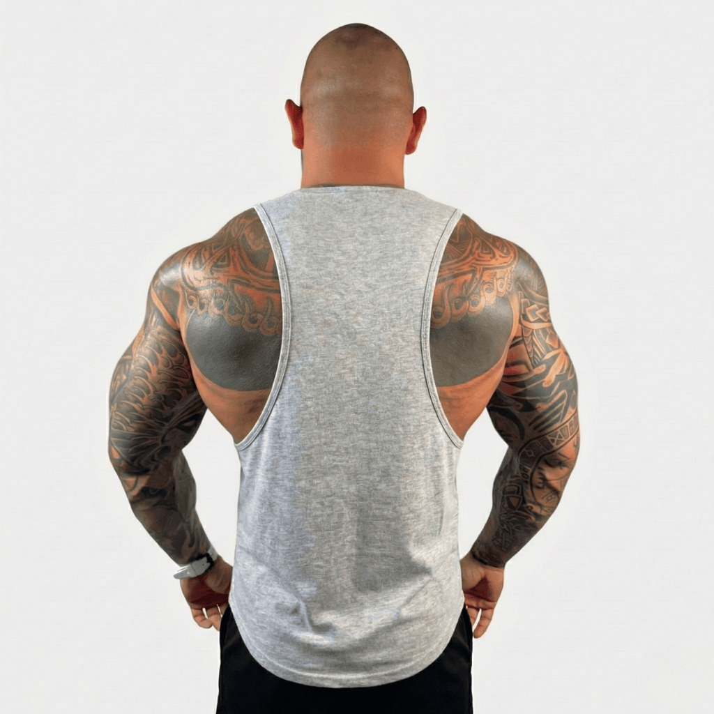 Men's drop arm tank top in heather gray, back view with wide armholes