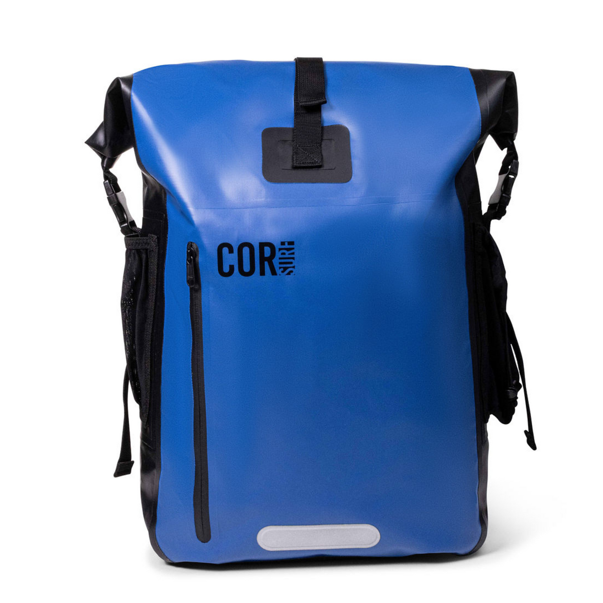 Blue waterproof dry bag backpack with roll-top closure, front zipper pocket, side grab handles