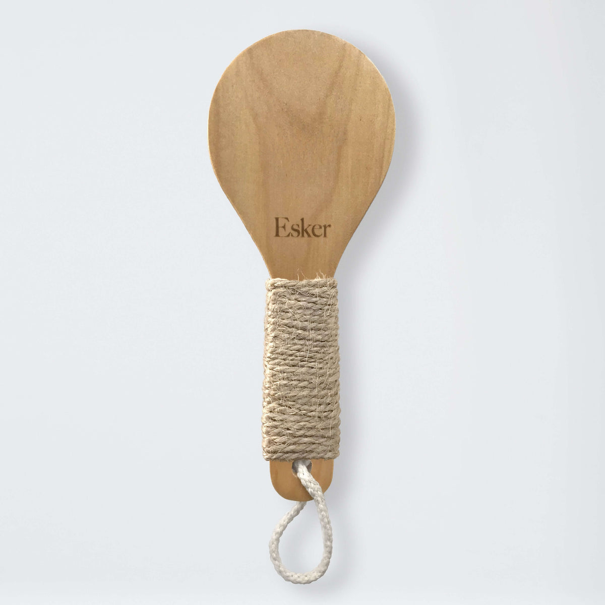 Wooden dry brush with round bristle head and hemp twine hanging loop