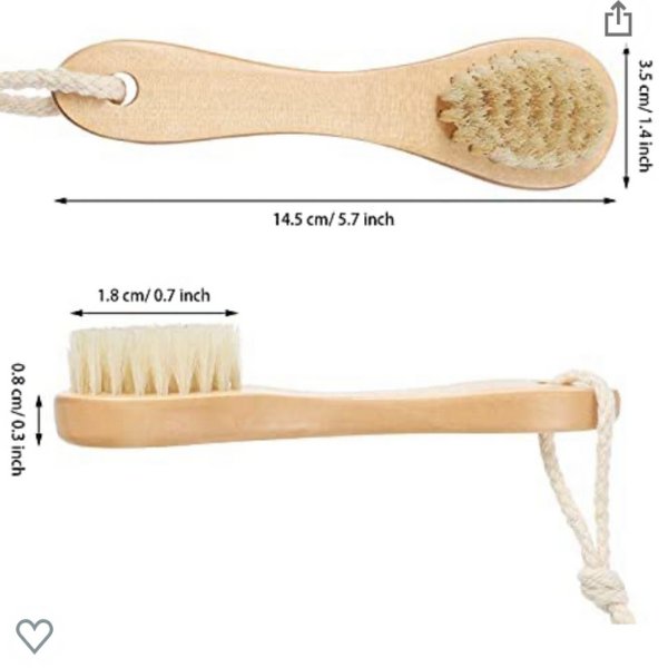 Facial dry brush with wooden handle, bristle head, and hanging loop cord