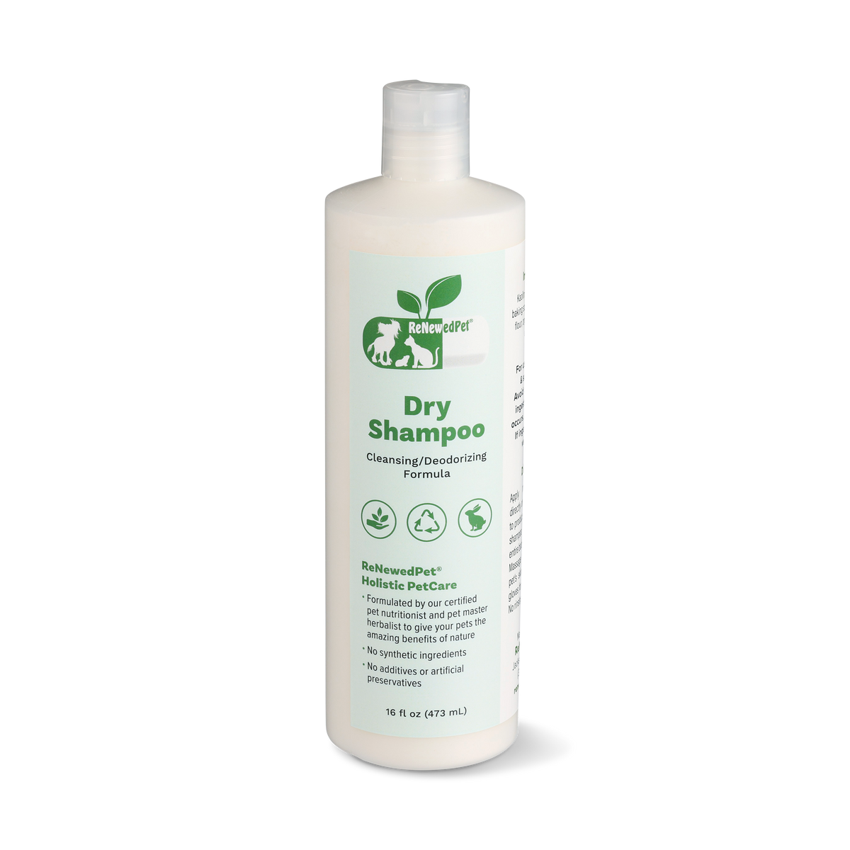 Dry shampoo bottle with pump, front label, 16 fl oz (473 mL), ReNewedPet