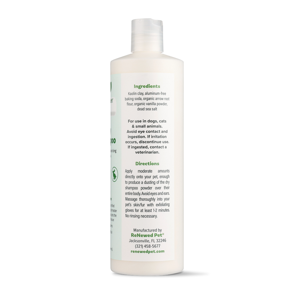 Dry shampoo bottle, back label with ingredients and directions, 16 fl oz (473 mL)