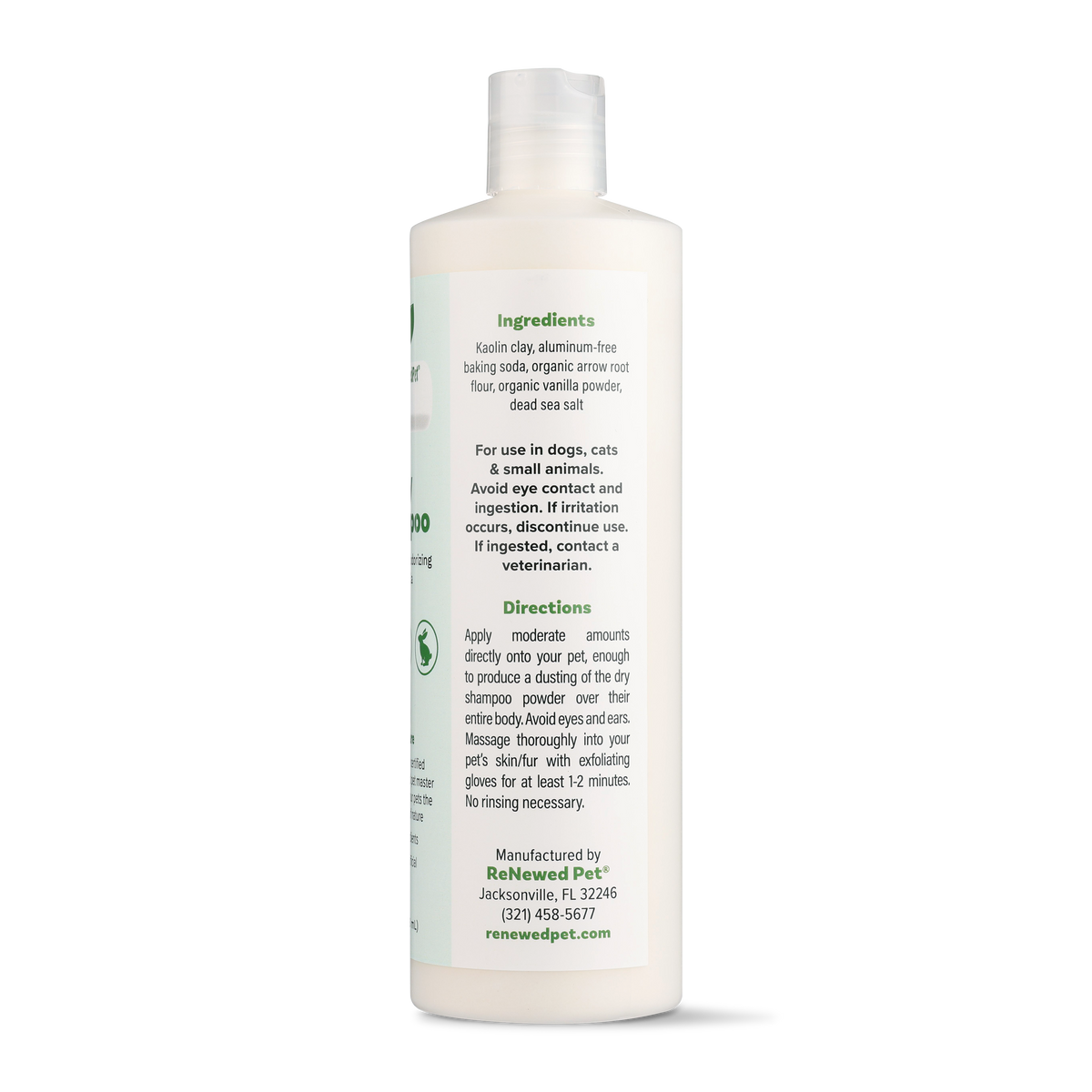 Dry shampoo bottle, back label with ingredients and directions, 16 fl oz (473 mL)