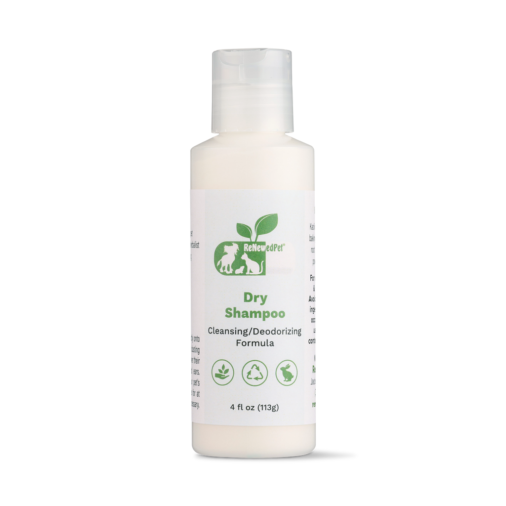 Dry shampoo bottle, front label, 4 fl oz (113 g), ReNewedPet