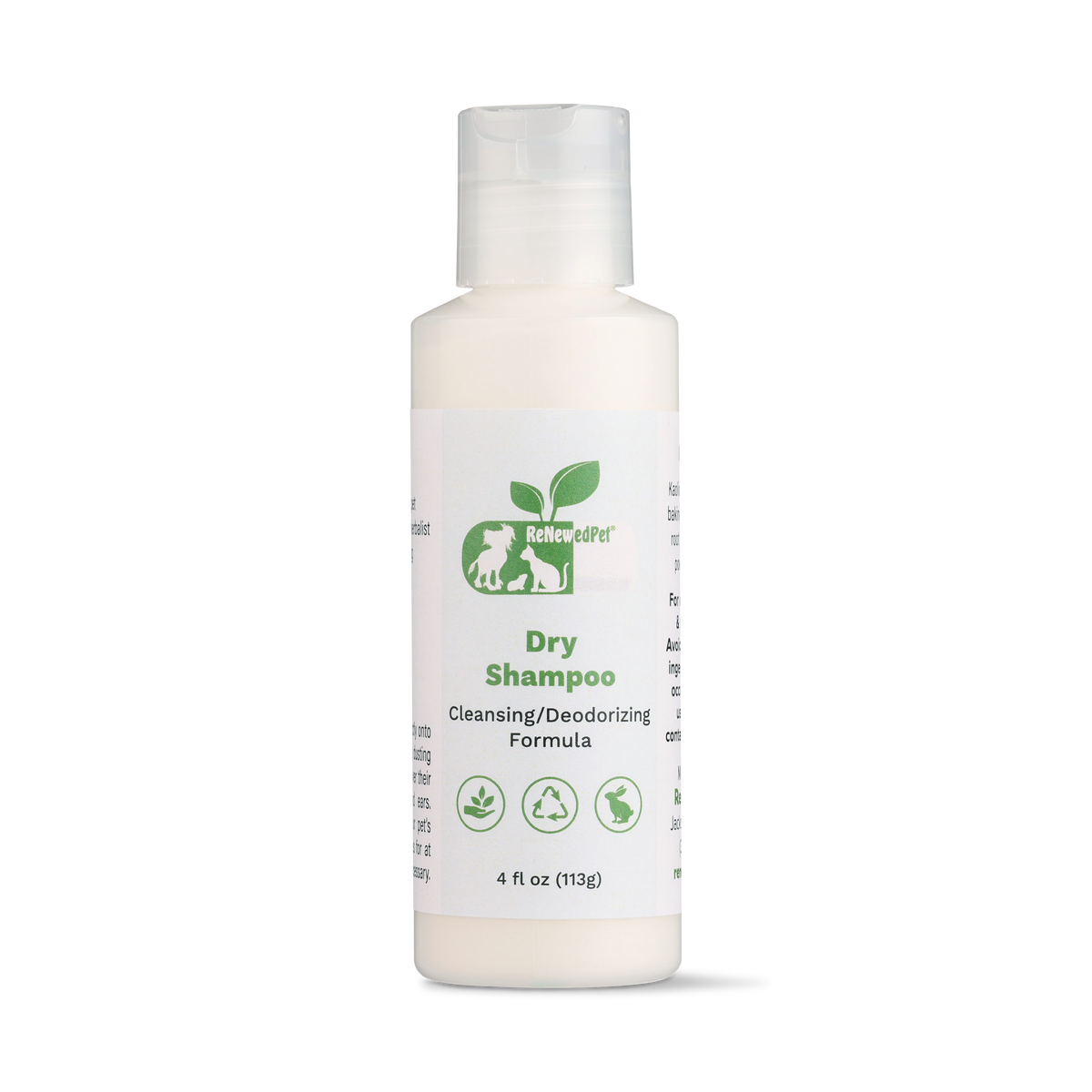 Dry shampoo bottle, front label, 4 fl oz (113 g), ReNewedPet