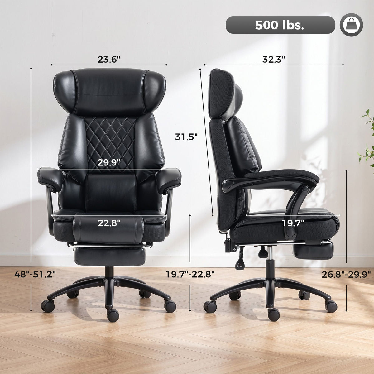 Black office chair with headrest, lumbar support, wide seat, and tilt base