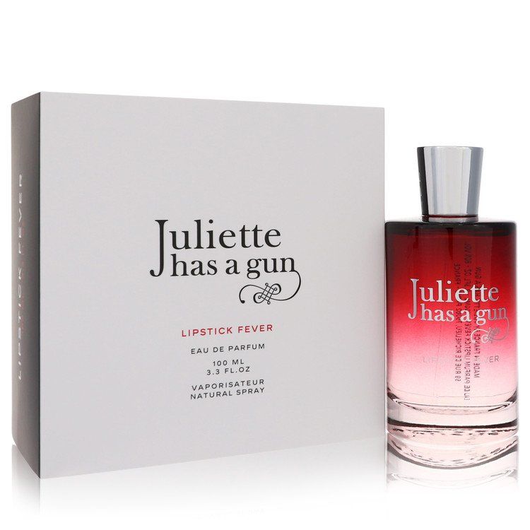 Juliette Has A Gun Lipstick Fever eau de parfum spray bottle with box, pink-red glass.