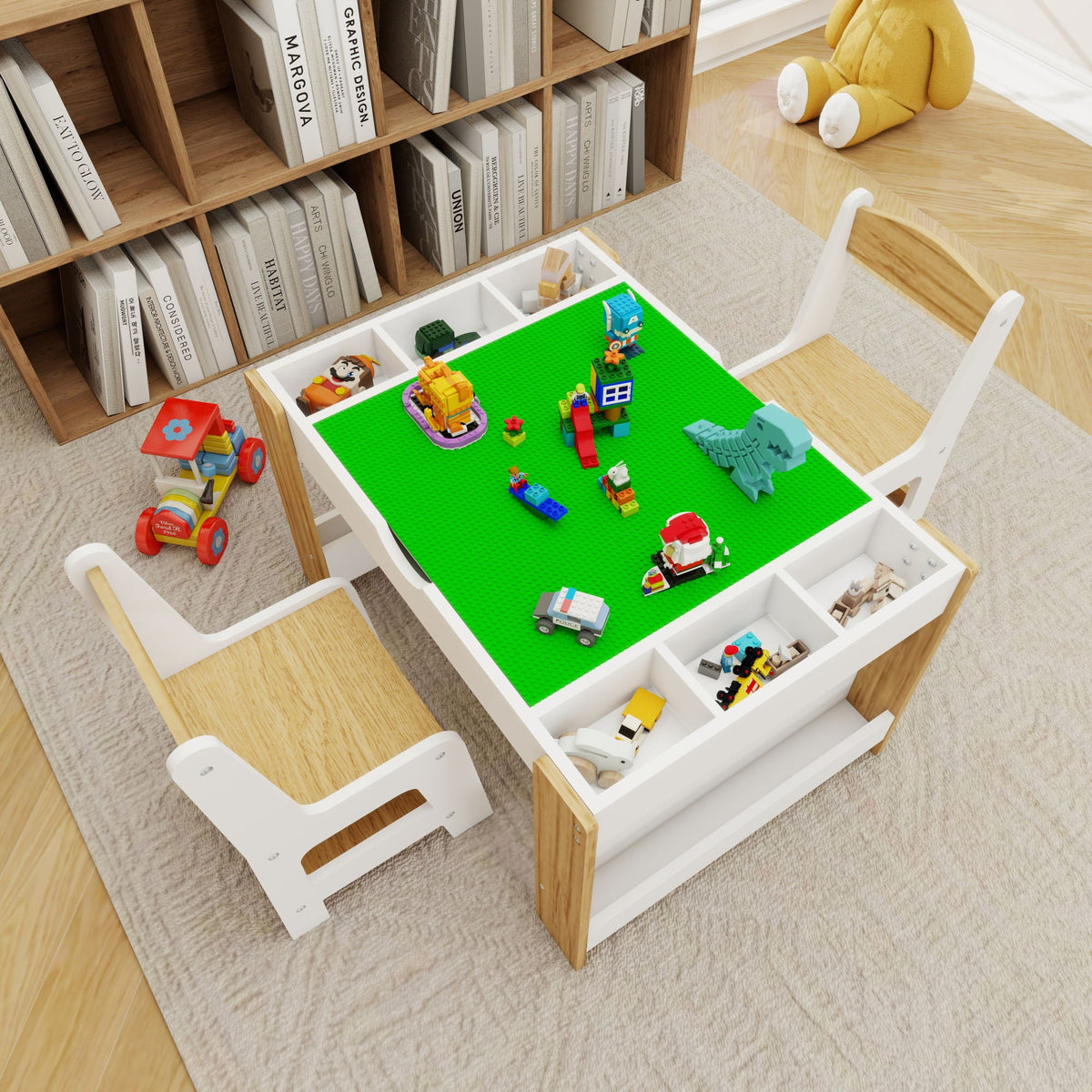 2-in-1 kids play table and chairs set with removable storage compartments and block toys
