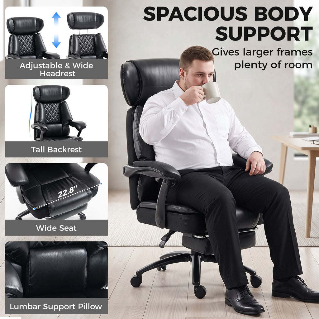 Black office chair with adjustable headrest, wide seat, lumbar pillow, rolling base