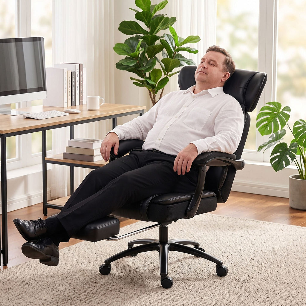 Black office chair with headrest and wide seat supporting a seated person on casters