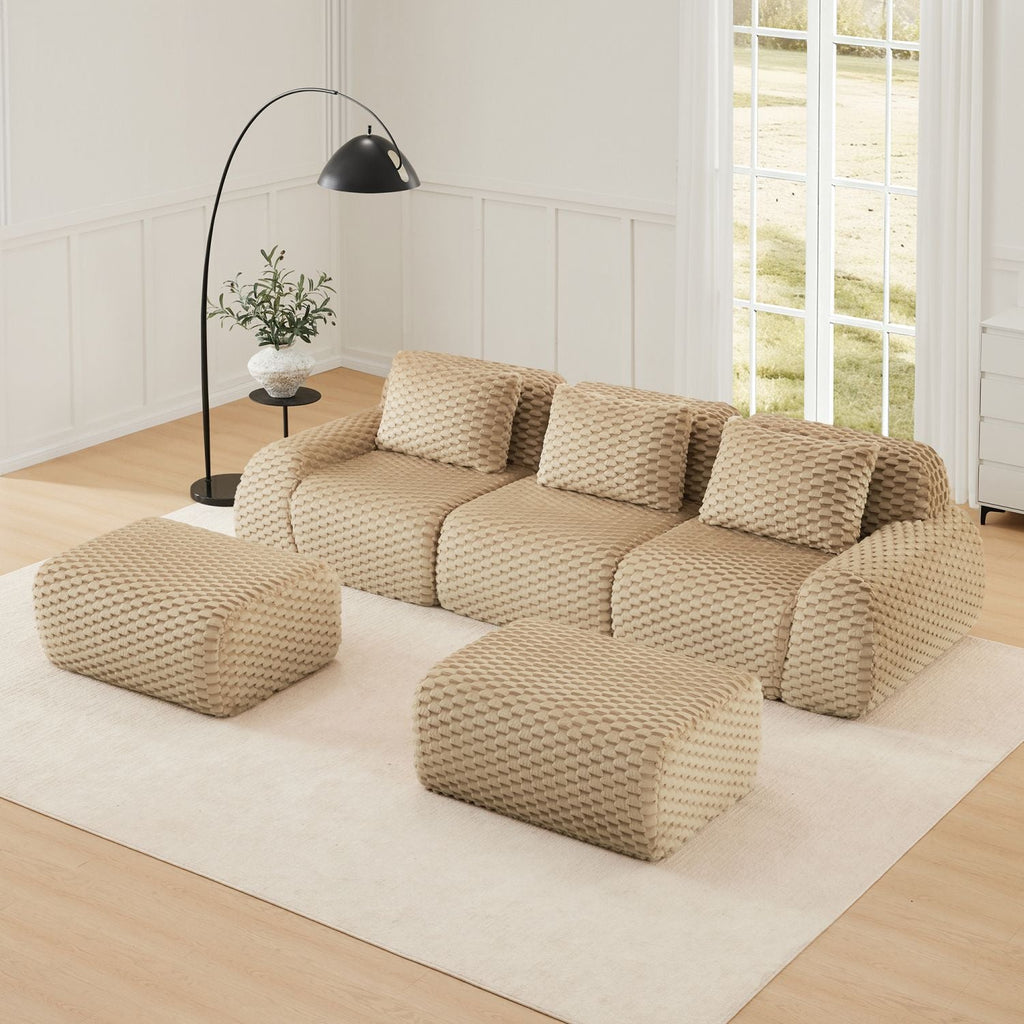 Light camel modular sectional sofa with ottomans and three back cushions, flannelette