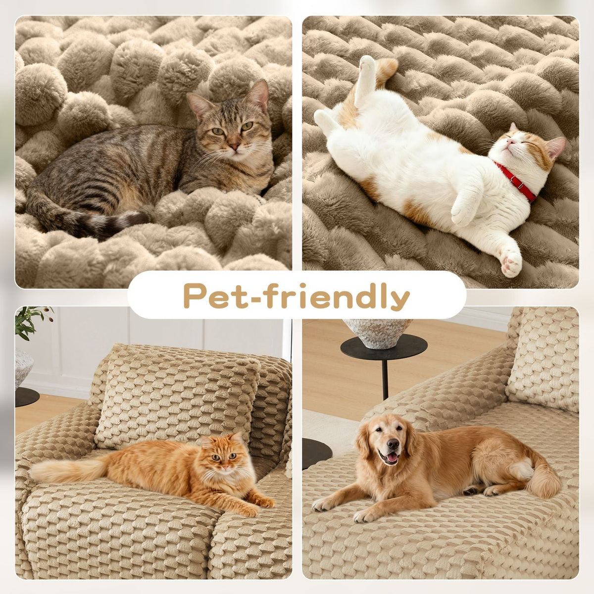 Light camel textured sectional sofa with pets resting on cushions