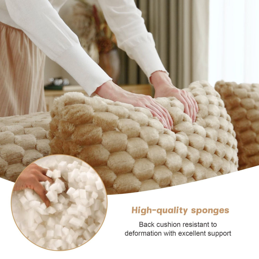 Light camel flannelette modular sectional sofa with thick, button-tufted cushion texture