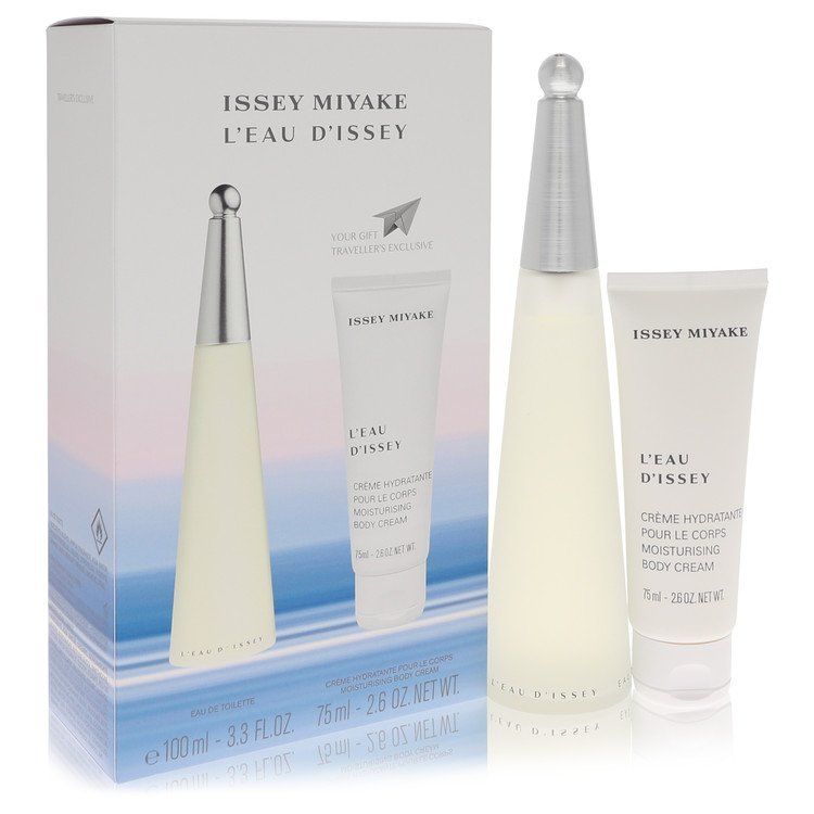 L'eau d'issey gift set with EDT spray bottle and body cream tube, shown with box