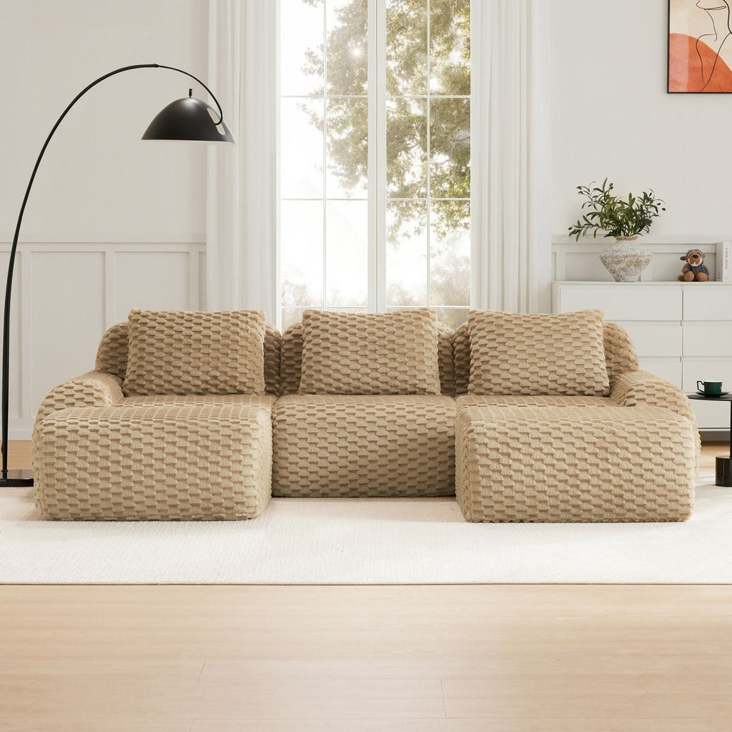 Light camel modular sectional sofa with ottomans and textured flannelette cushions