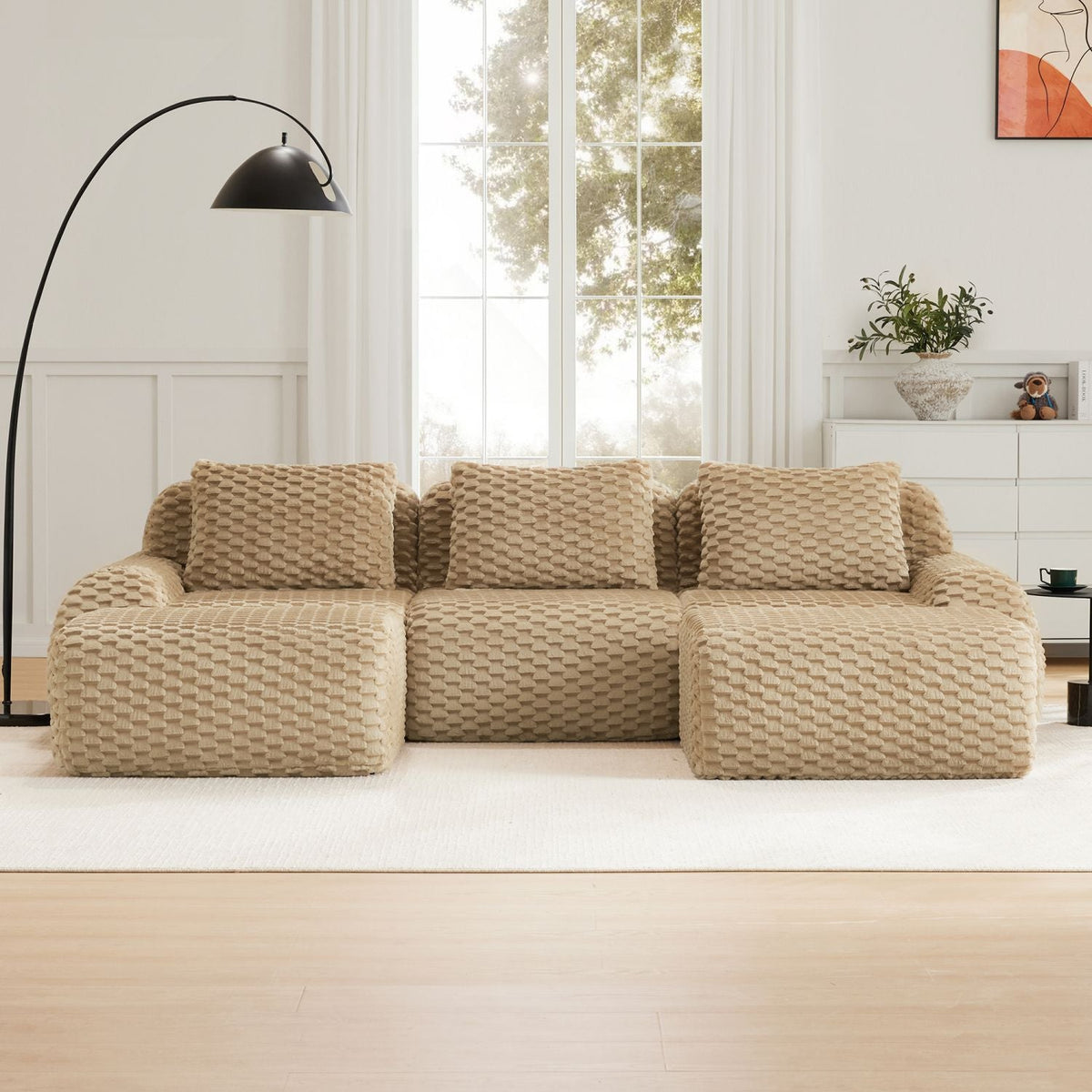 Light camel modular sectional sofa with ottomans and textured flannelette cushions