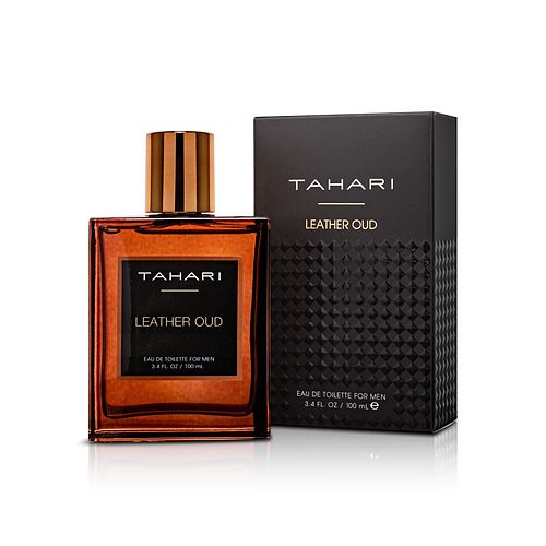 Tahari Parfums Leather Oud men's EDT spray with amber glass bottle and black box