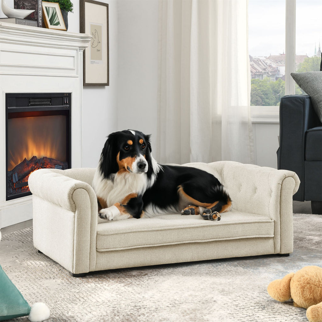 Beige fabric dog sofa bed with curved arms and cushioned seat, medium-large size