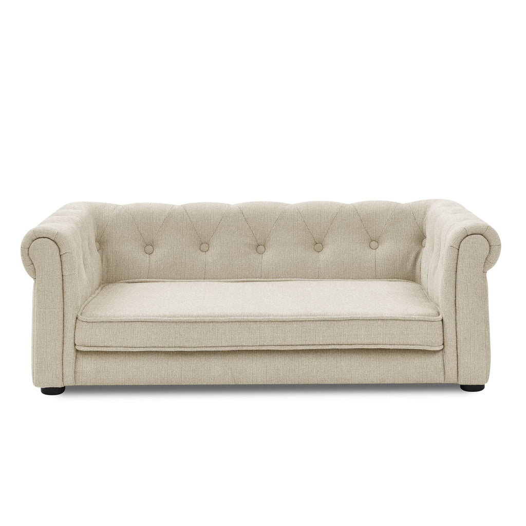 Beige dog sofa bed front view with rounded arms and cushioned seat