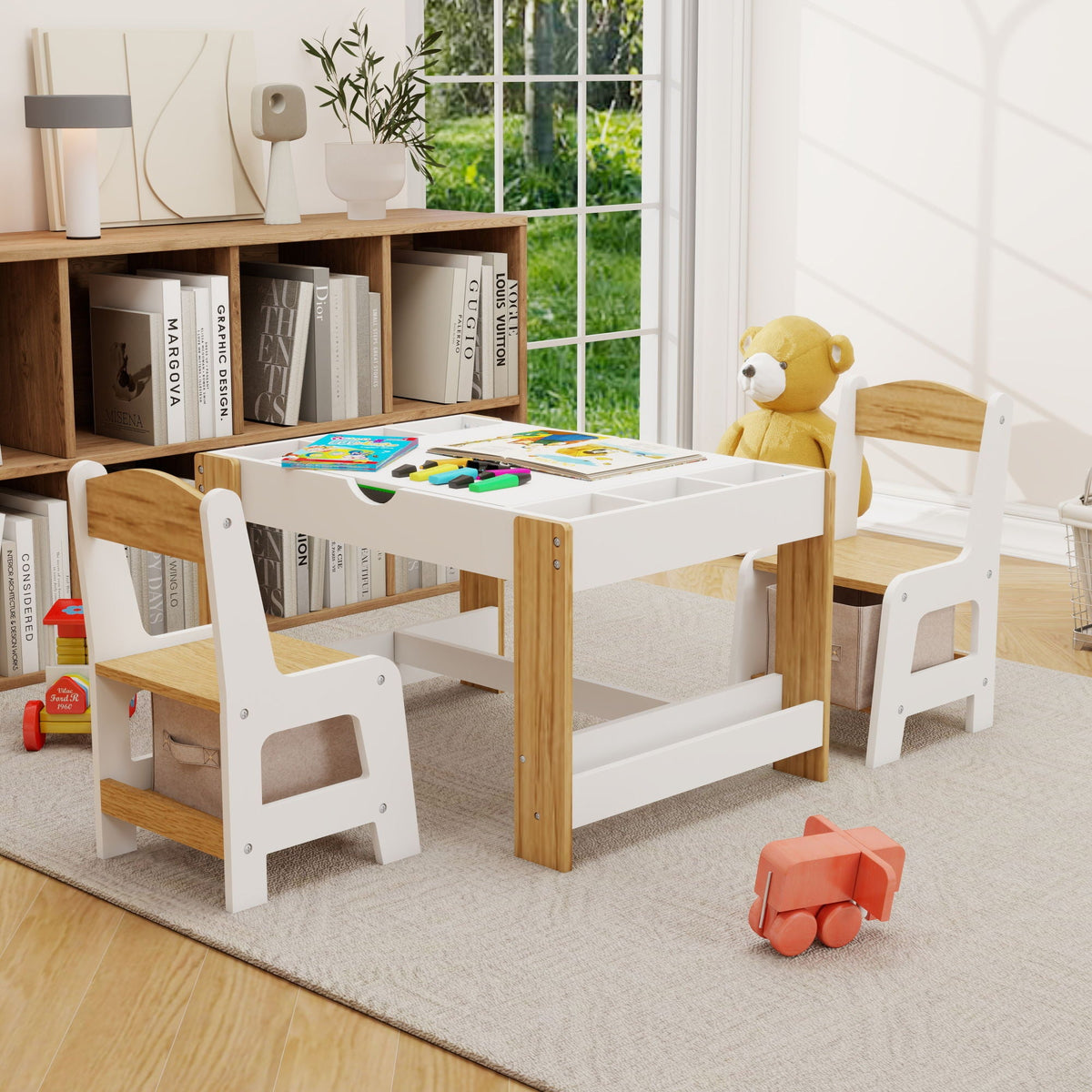 2-in-1 play table and chair set with storage, white tabletop and two wood-and-white chairs