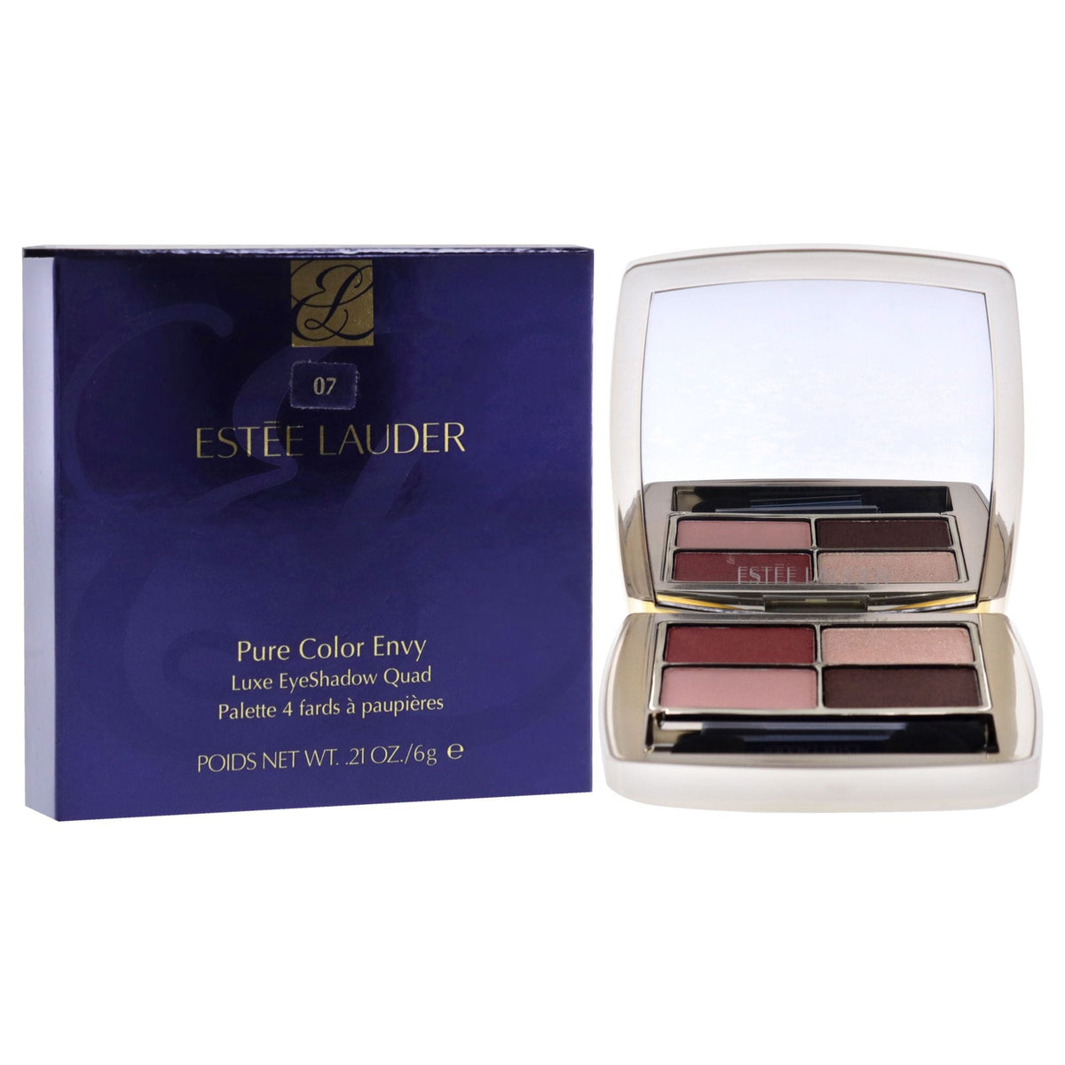 Eyeshadow quad set with open mirrored compact and matching product box