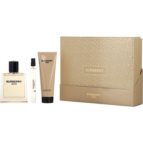 Burberry HERO fragrance set with EDT spray, shower gel tube, and mini bottle, in box