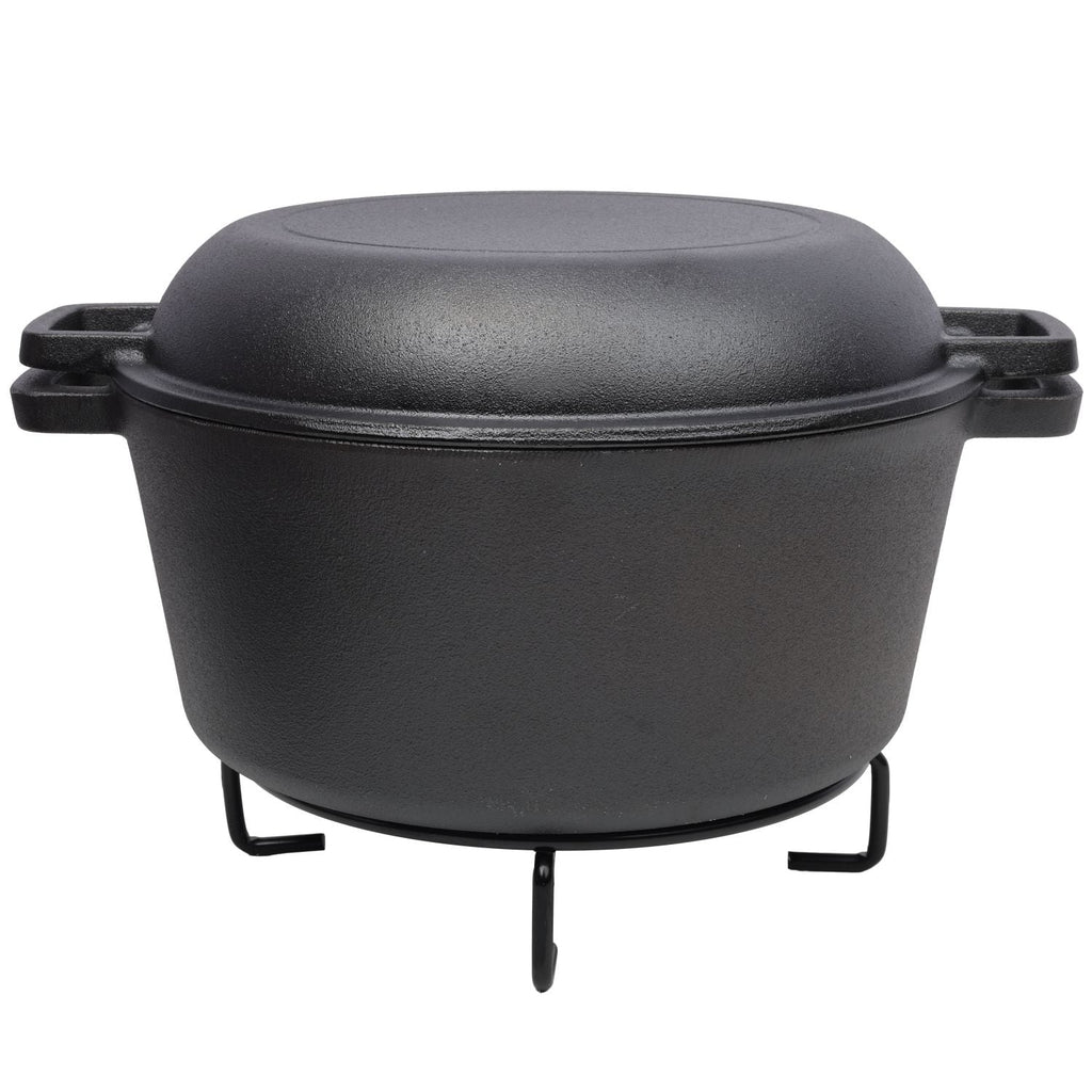 Black cast iron Dutch oven with lid and two side carry handles