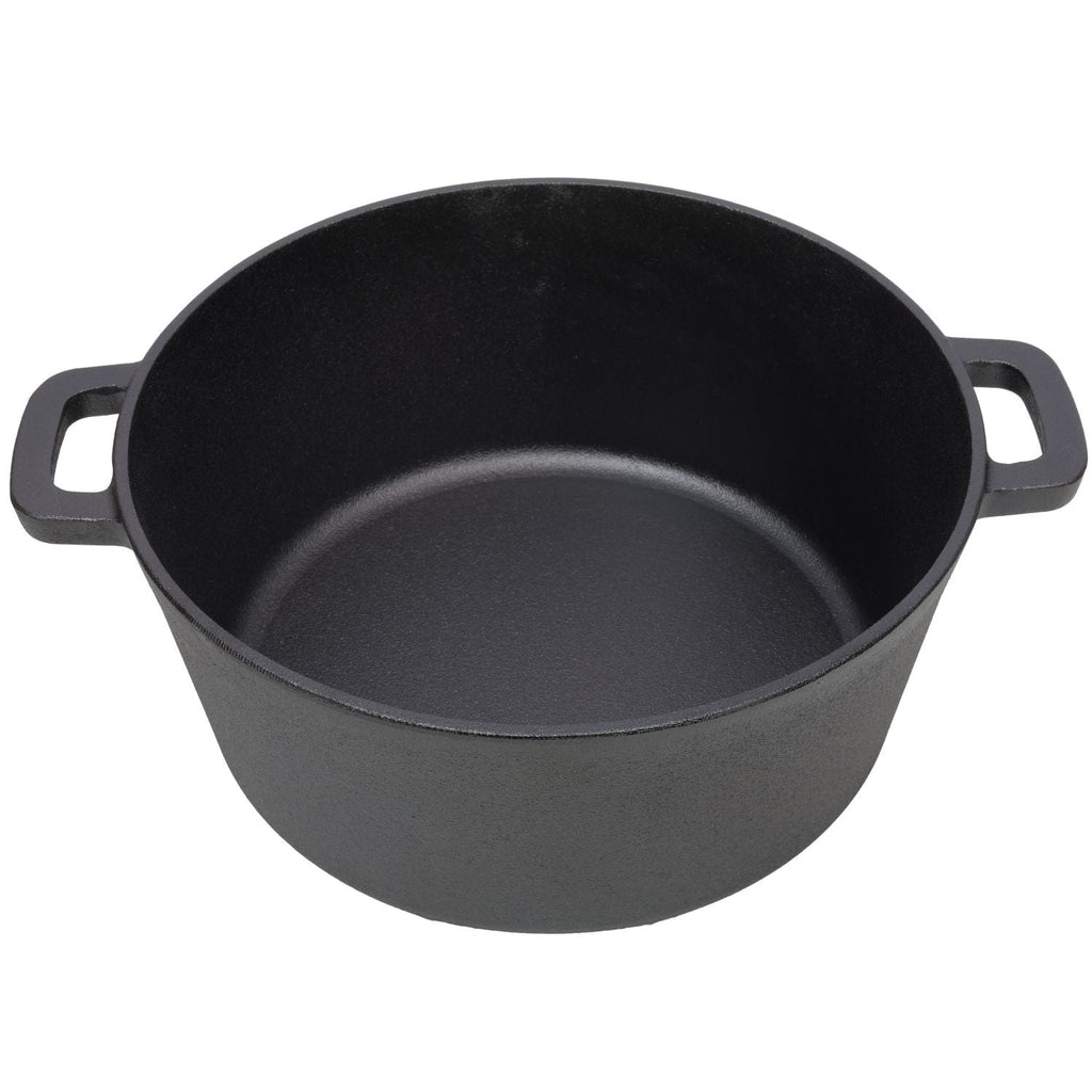 Black cast iron Dutch oven pot interior with two side handles