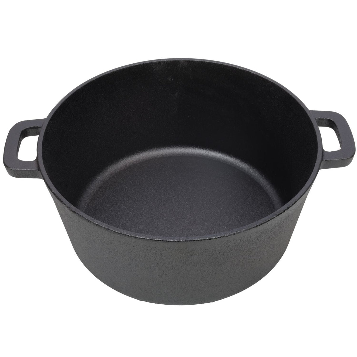 Black cast iron Dutch oven pot interior with two side handles