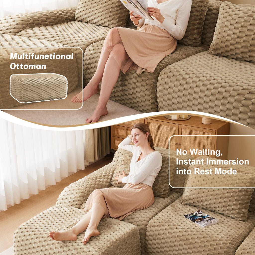 Light camel modular sectional sofa with ottoman seating and textured flannelette upholstery