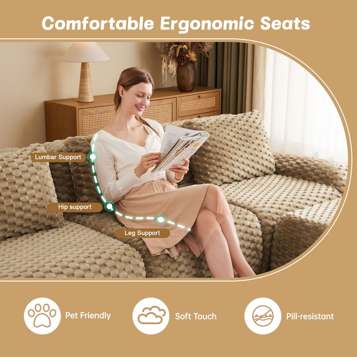 Light camel sectional sofa with textured flannelette cushions, person relaxing
