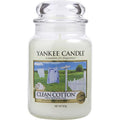 Large scented candle in glass jar with Clean Cotton label
