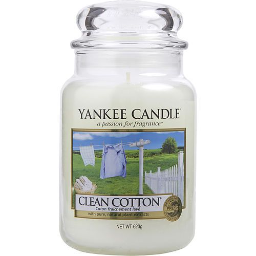 Large scented candle in glass jar with Clean Cotton label