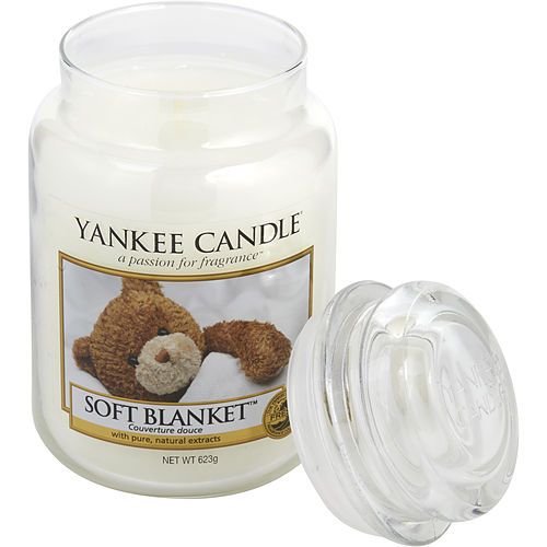 YANKEE CANDLE large jar scented candle with lid open, Soft Blanket label