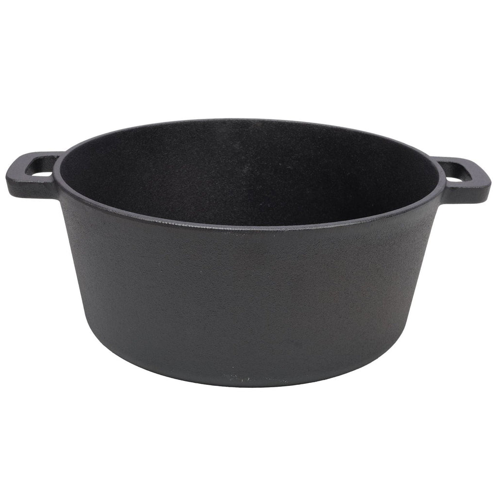 Black cast iron Dutch oven pot with dual side handles, no lid