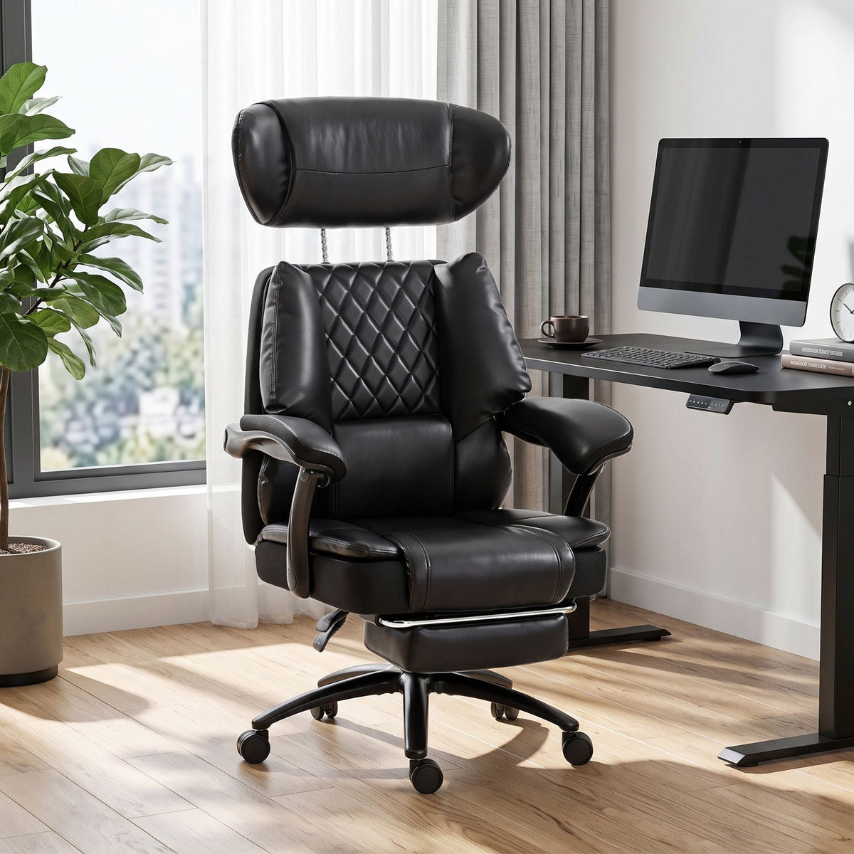 Black ergonomic office chair with headrest and padded armrests on caster wheels