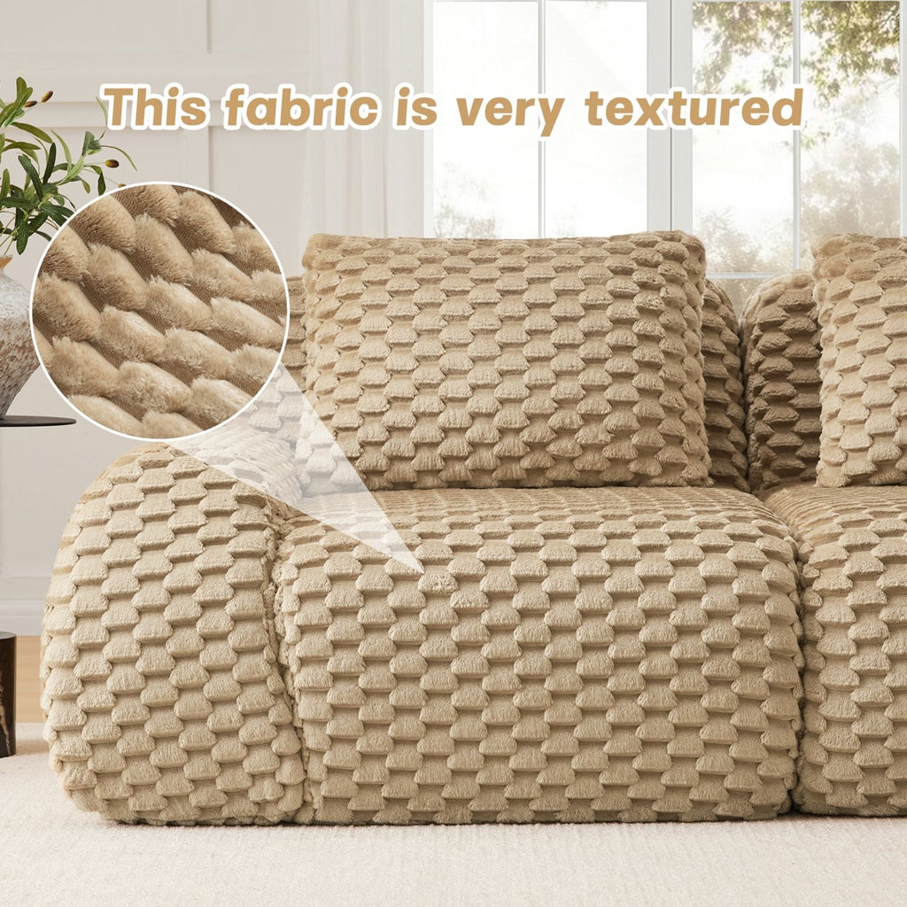 Light camel textured flannelette upholstery detail with dense raised fabric pattern
