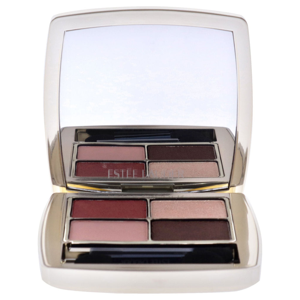 Four-shade eyeshadow palette in open mirrored compact, rose and brown tones