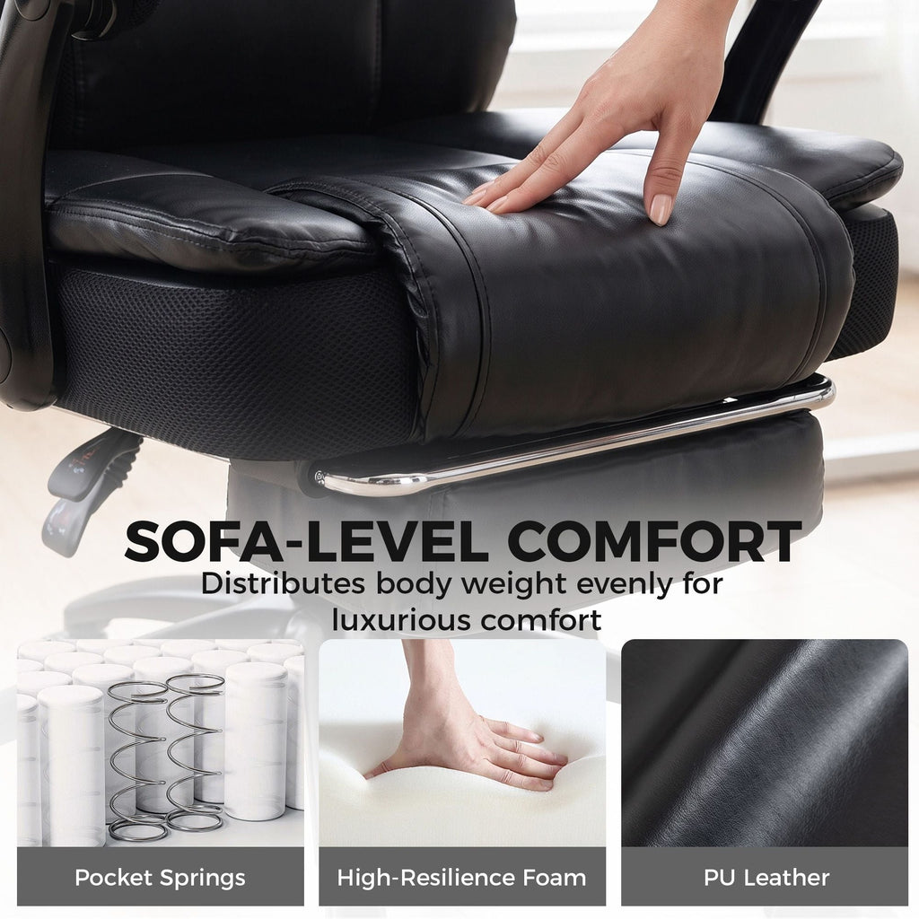 Black padded armrest and wide seat of an office chair with recline lever