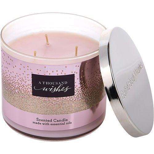 Scented candle jar with lid, pink wax and gold glitter, "A THOUSAND Wishes" label
