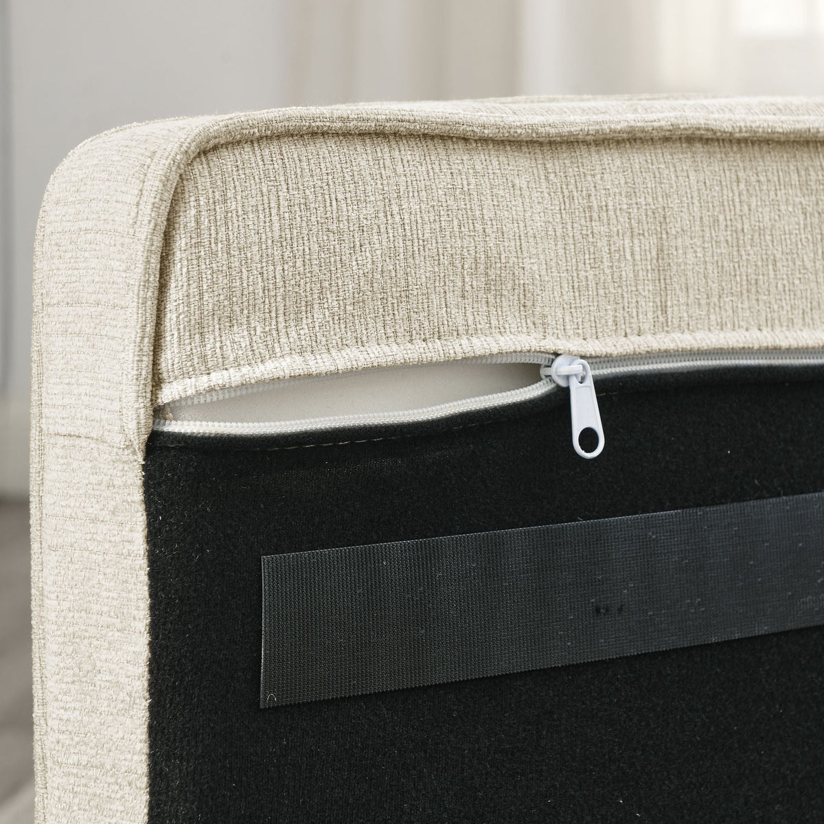 Beige dog sofa bed cover with visible zipper on the base panel