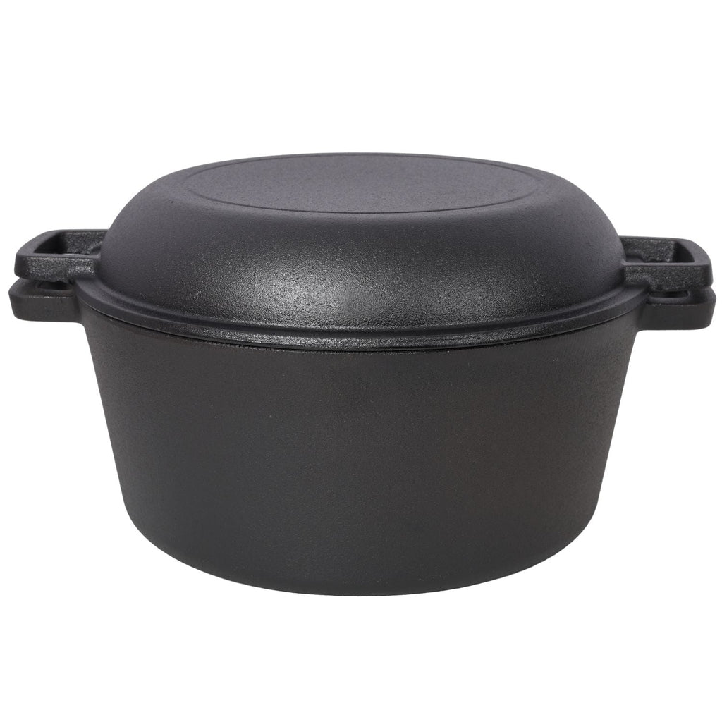Black cast iron Dutch oven with fitted lid and dual side handles