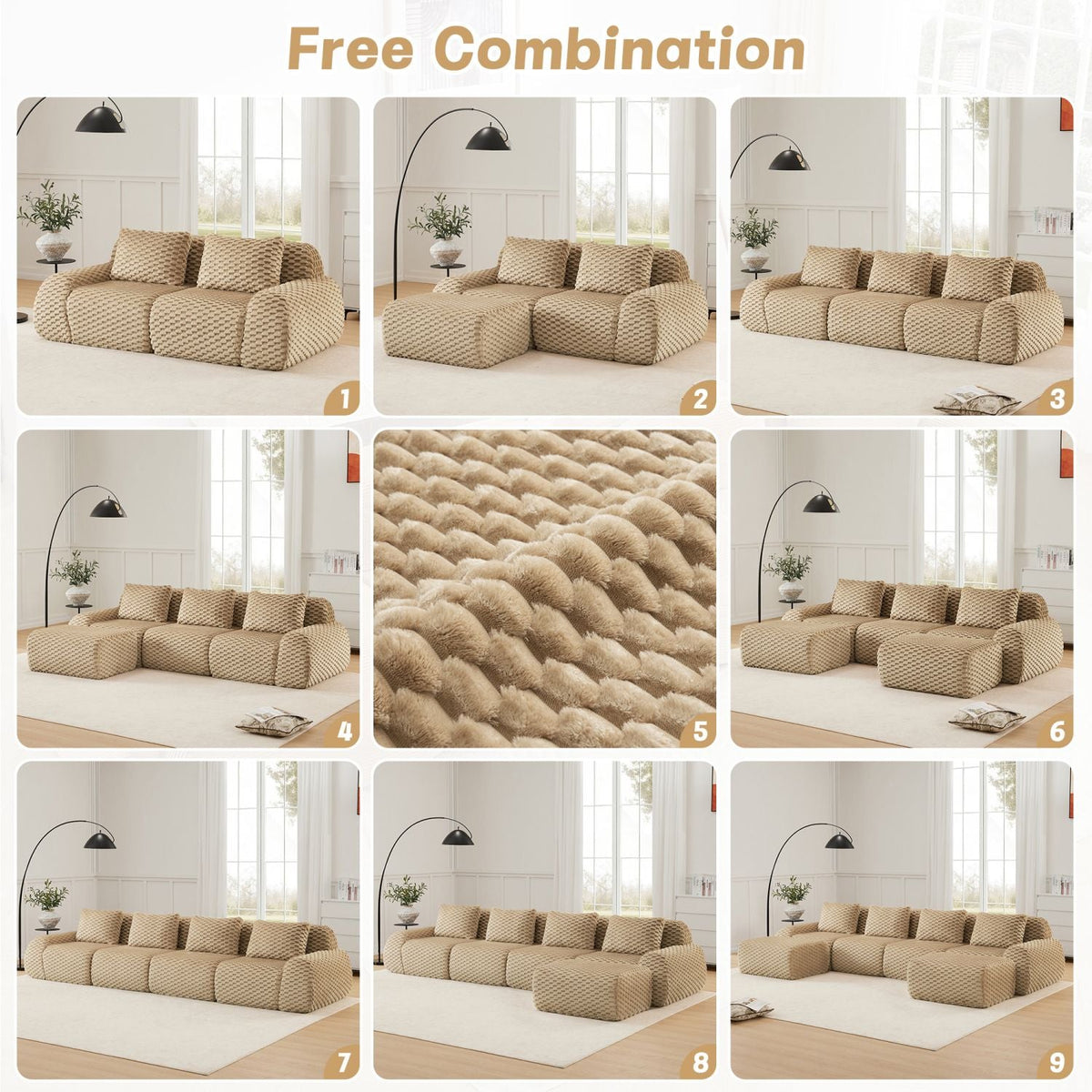 Camel modular sectional sofa in free combination layout with multiple seat modules