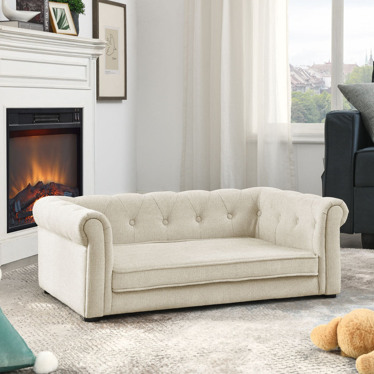 Beige dog sofa bed with tufted back and rounded armrests, medium-large size