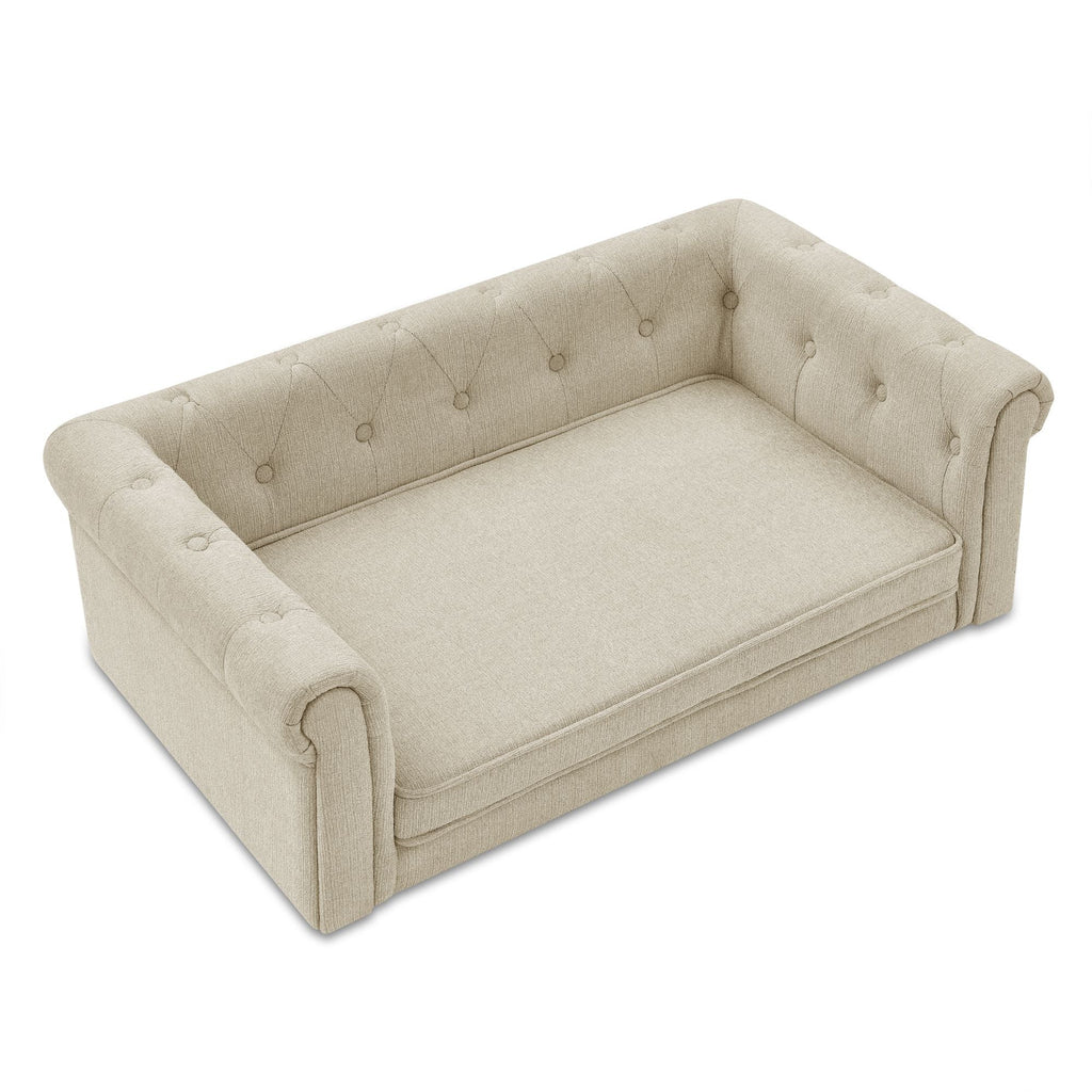 Beige upholstered dog sofa bed with tufted back and low profile frame