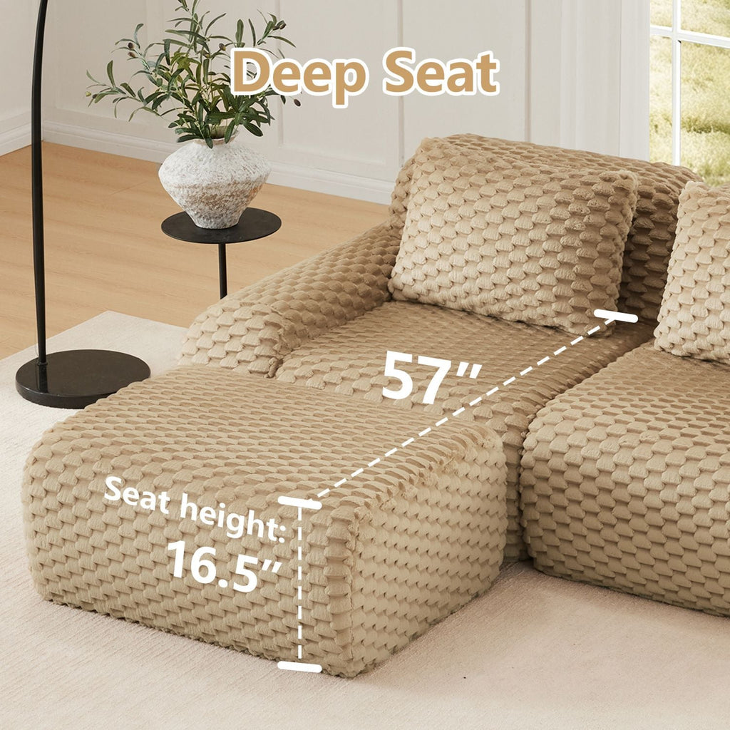 Light camel sectional sofa with deep seat ottomans and textured flannelette cushions