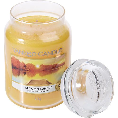 YANKEE CANDLE autumn sunset scented large jar candle with clear lid, yellow wax