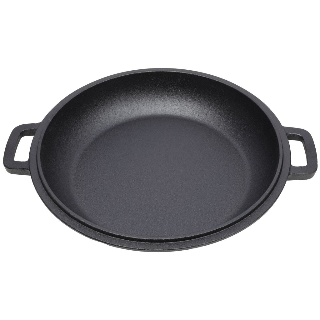 Black cast iron Dutch oven rim and interior surface with dual side handles